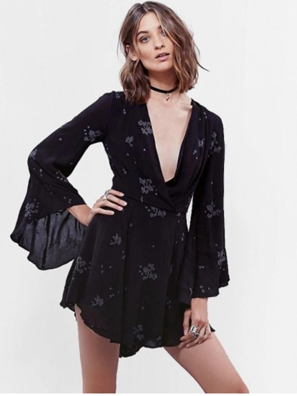 Free People Black Boho Bell Sleeve Fairy Whimsi Witchy Romantic Festival Dress